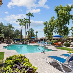 Community pool with reclining seats and lush landscaping at Stone Canyon